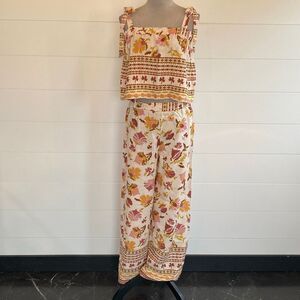 Good Luck Gem 2-Piece Set Womens Small Pink Floral Ruffle Wide Leg Cottage NWT/0